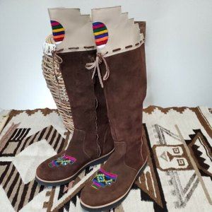 Fortress of Inca Tall Boots Suede Brown Motifs Tribal Boho Hippie Women 7 Peru